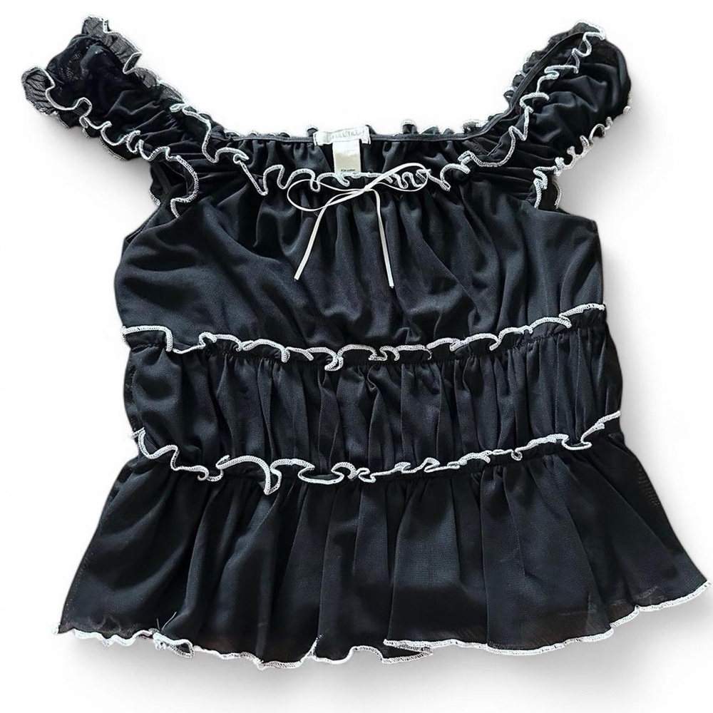 Full Tilt Black Ruffle Short Sleeve Blouse